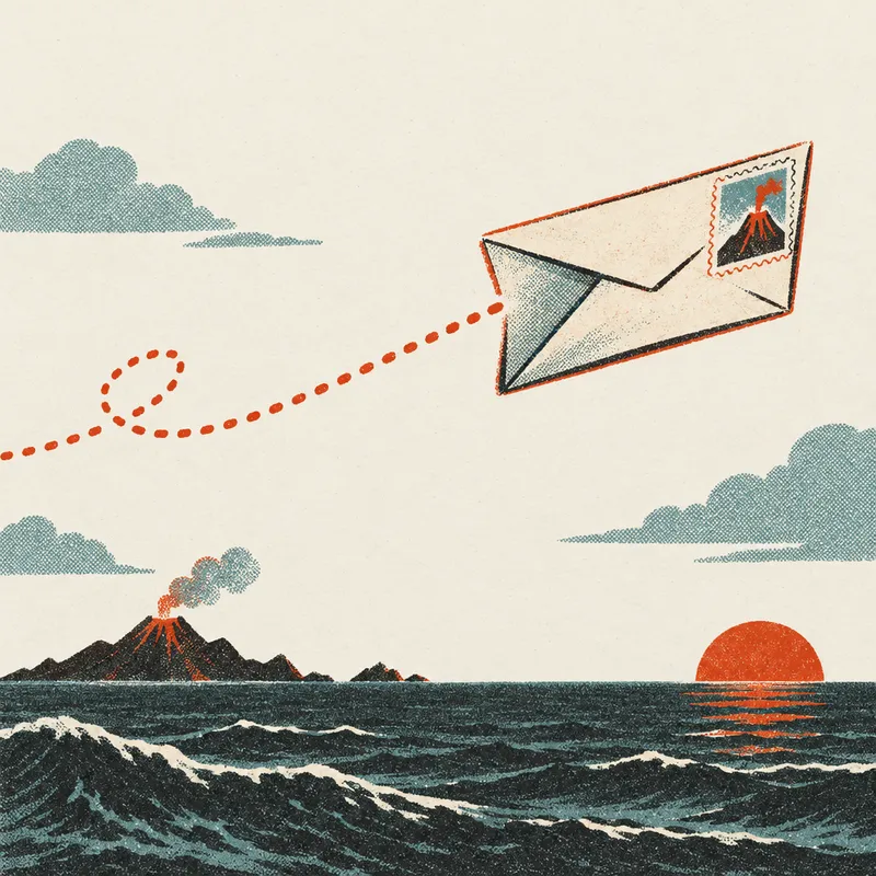 Un sobre que vuela como un avión de papel sobre el mar, con un sello de un volcán