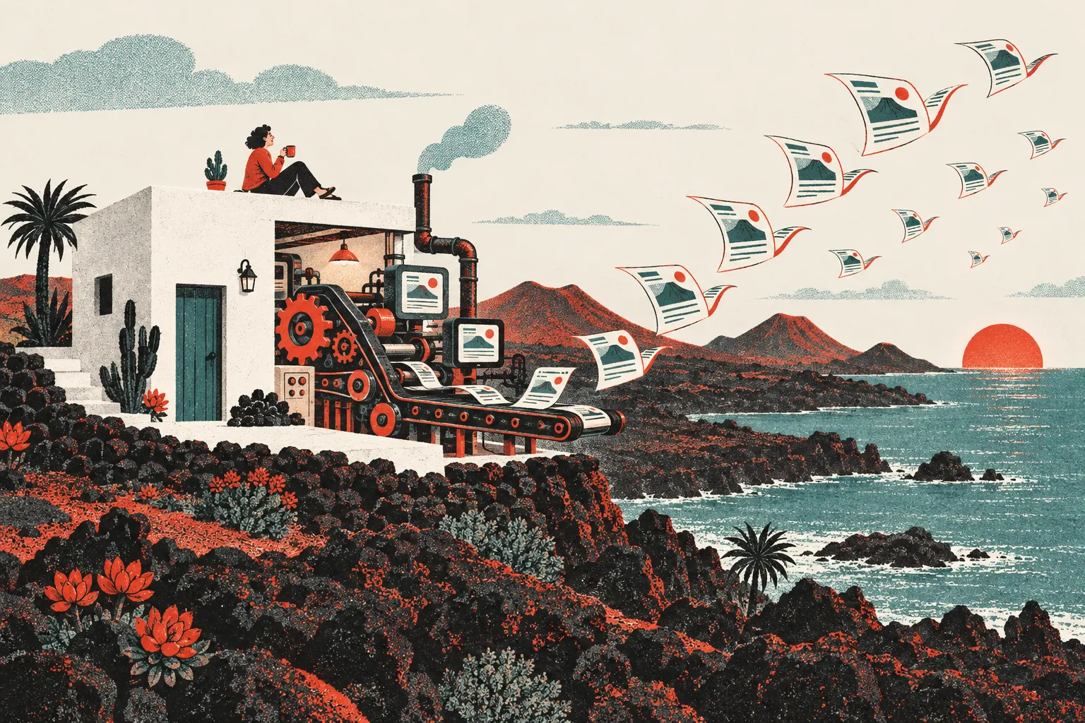 Illustration: a workshop on a volcanic island with a machine printing web pages that fly off over the sea