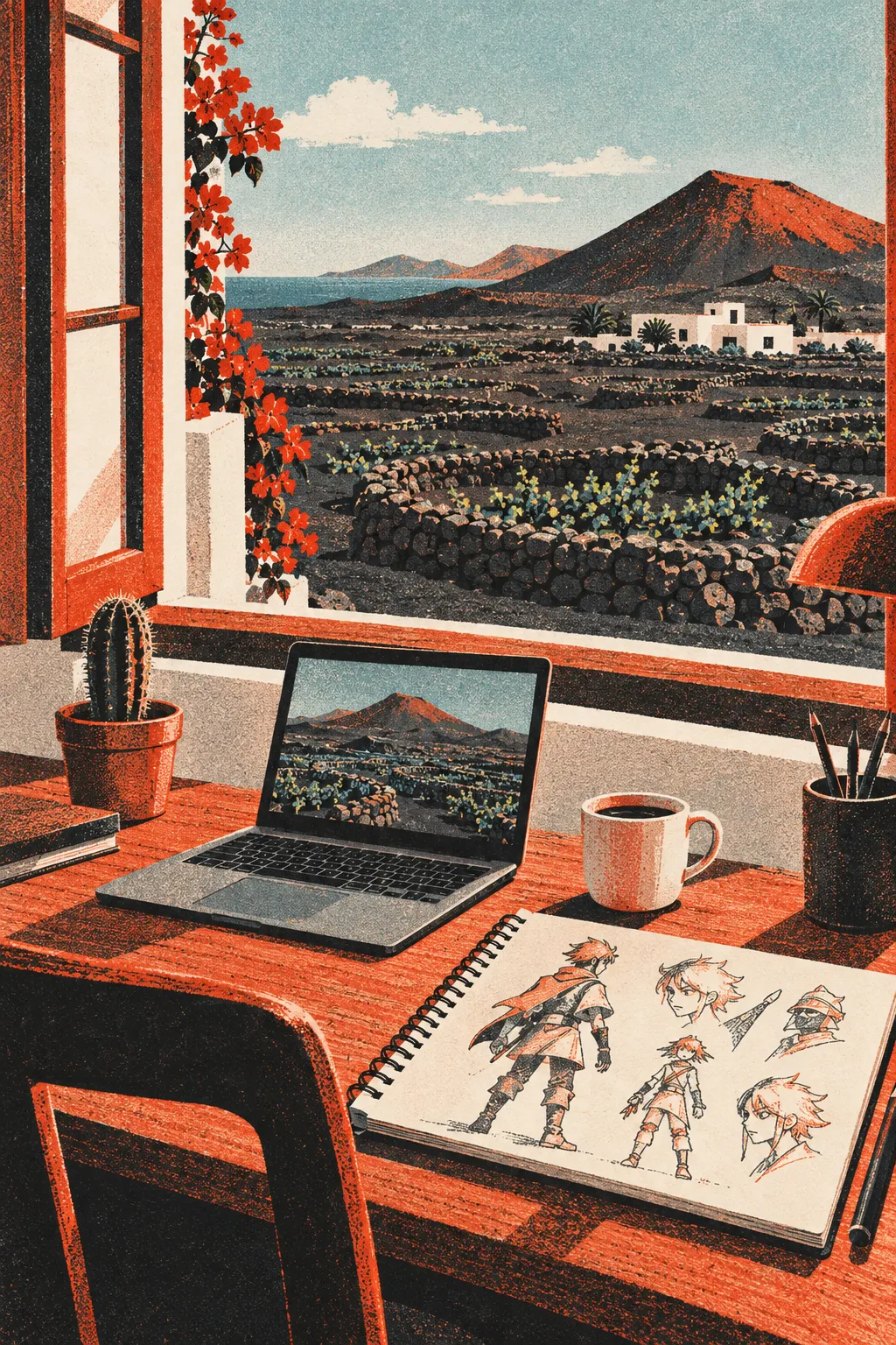 Ilustración: un escritorio junto a una ventana abierta a los viñedos volcánicos de Lanzarote