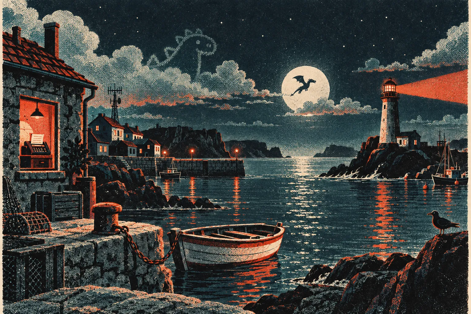 Ilustración: puerto de noche con un faro, una barca encadenada y un pequeño dragón ante la luna